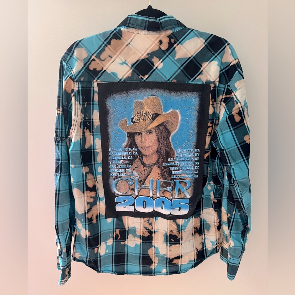 Y2K Western POINT ZERO Cher 2005 Acid Washed Blue Tan Plaid Button Down Shirt M - Picture 2 of 10